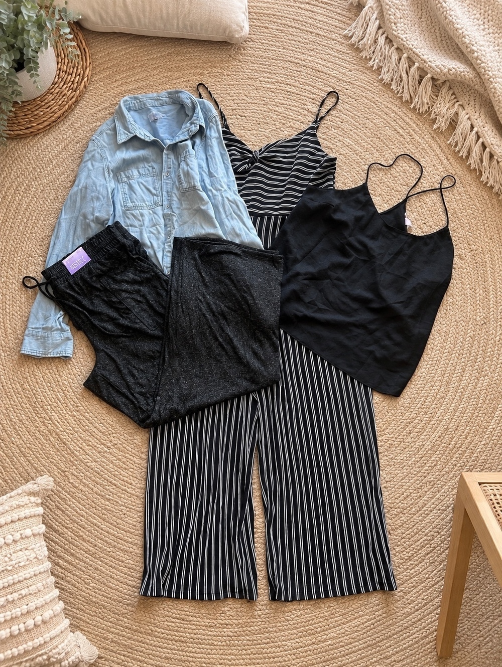 Womens XXL Fall Bundle 4 Pc Boho Denim Stripes Satin Lounge NWT Pajama Pants